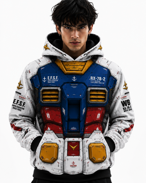 Design visualization: RX-78-2 White Base hoodie, front view on model
