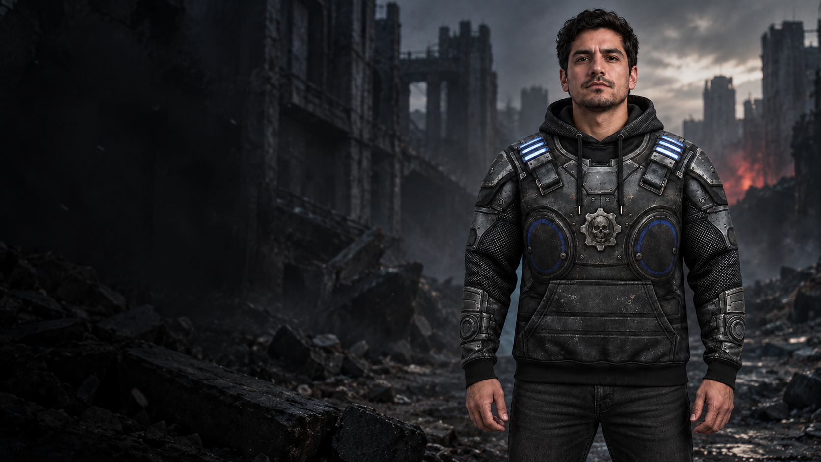 Marcus hoodie with graphite and blue finish in a cinematic scene