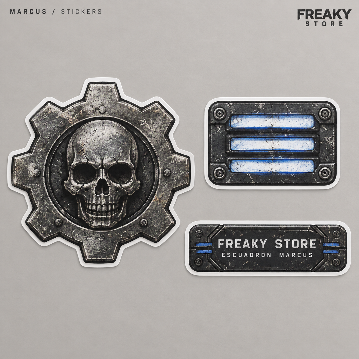 Concept of the three stickers included in the Marcus kit